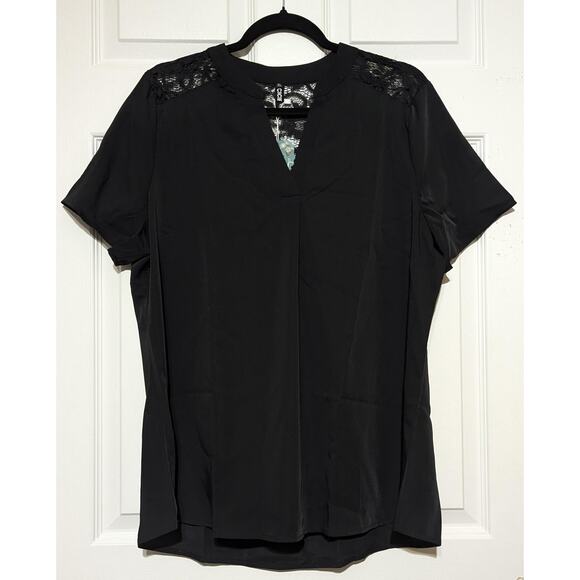 CiCiBird Shirt Womens XL Black Lace Shoulder Blouse Short Sleeve Dressy Top New - Picture 2 of 7